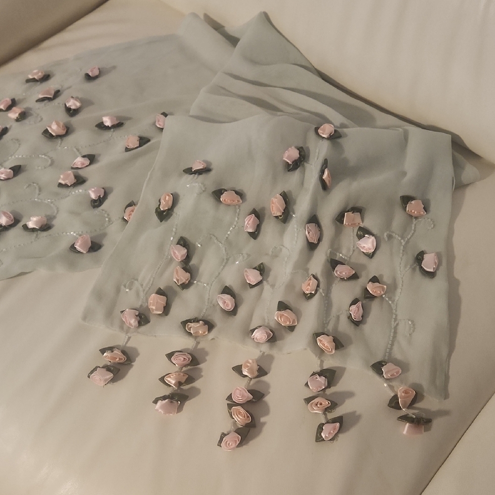 Elegant Sheer Scarf with Pink Floral Accents